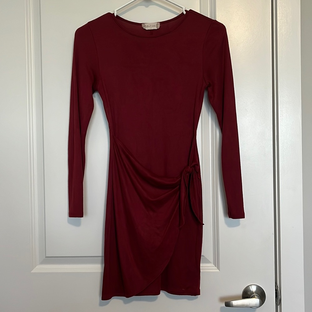 Francesca’s long sleeve pink-red dress with wrap tie overlaying.